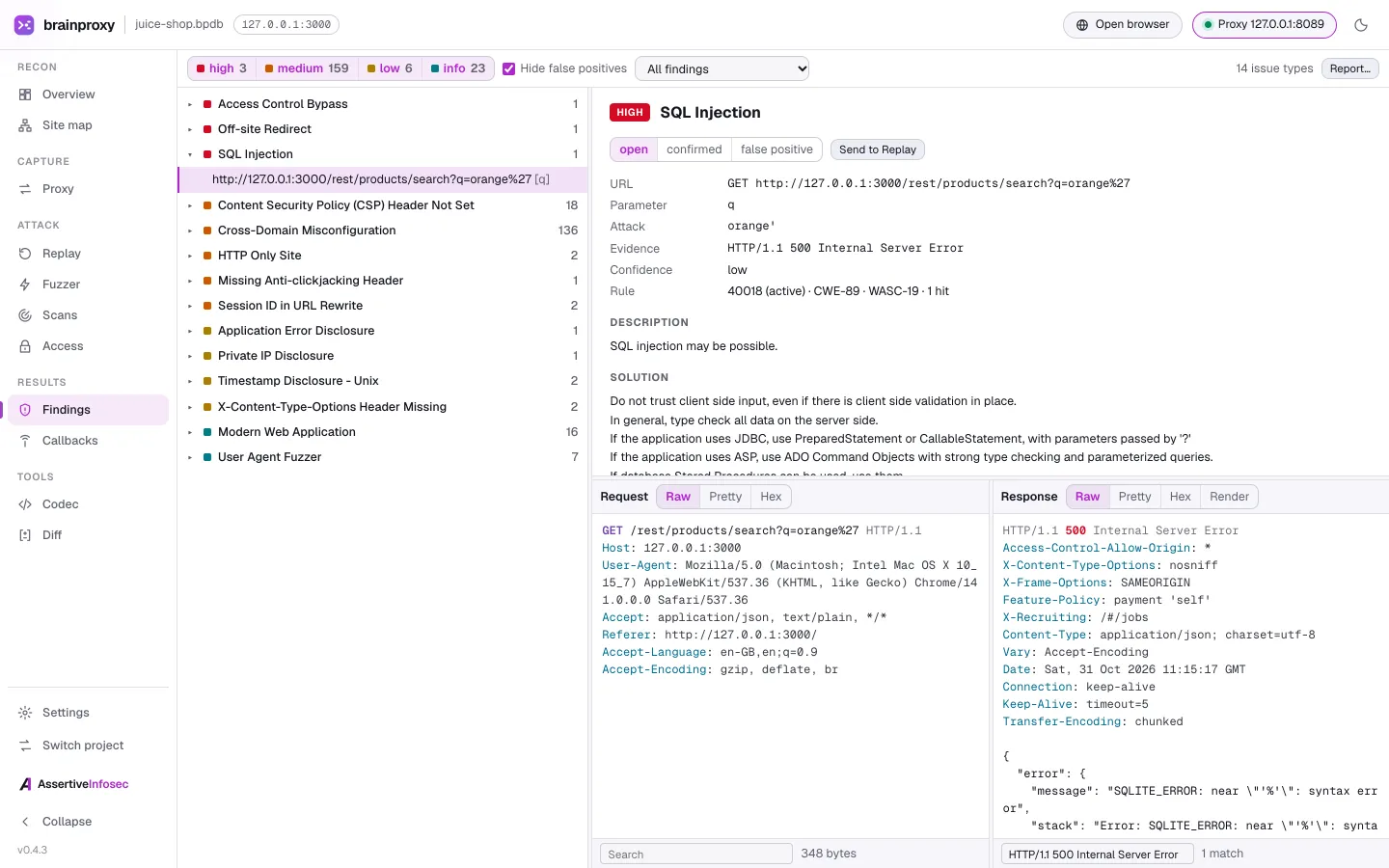 brainproxy Findings: an SQL injection with its evidence, request and response