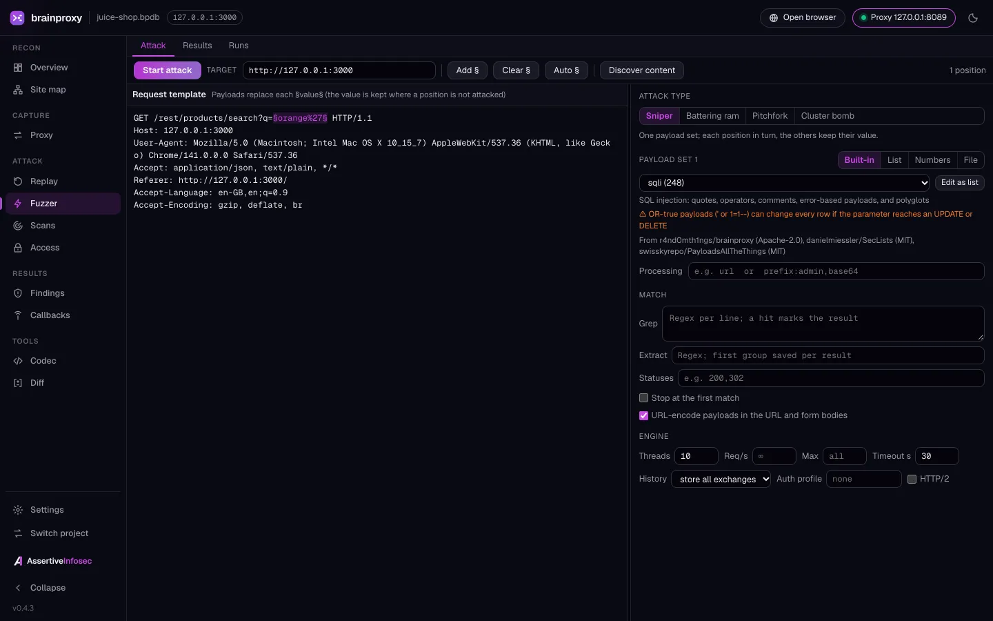 brainproxy Fuzzer: payload position, built-in SQL injection list and match rules