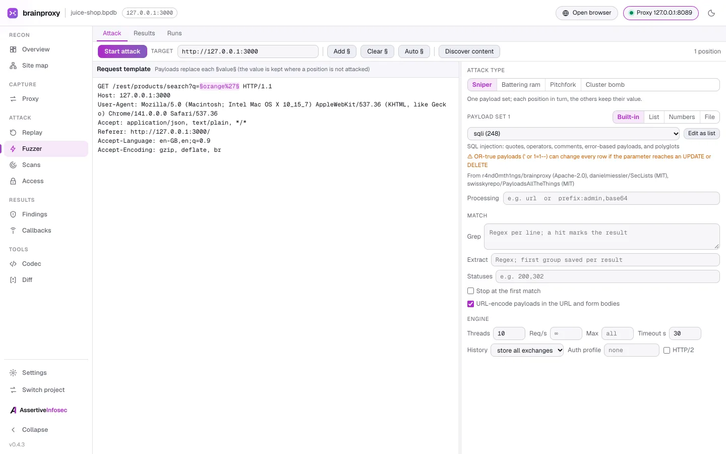 brainproxy Fuzzer: payload position, built-in SQL injection list and match rules