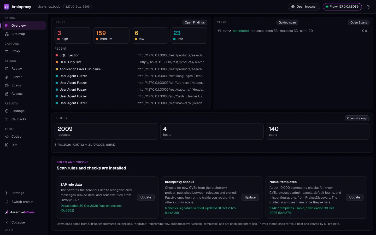 brainproxy desktop app: the Overview after a scan, with issues, history and installed checks