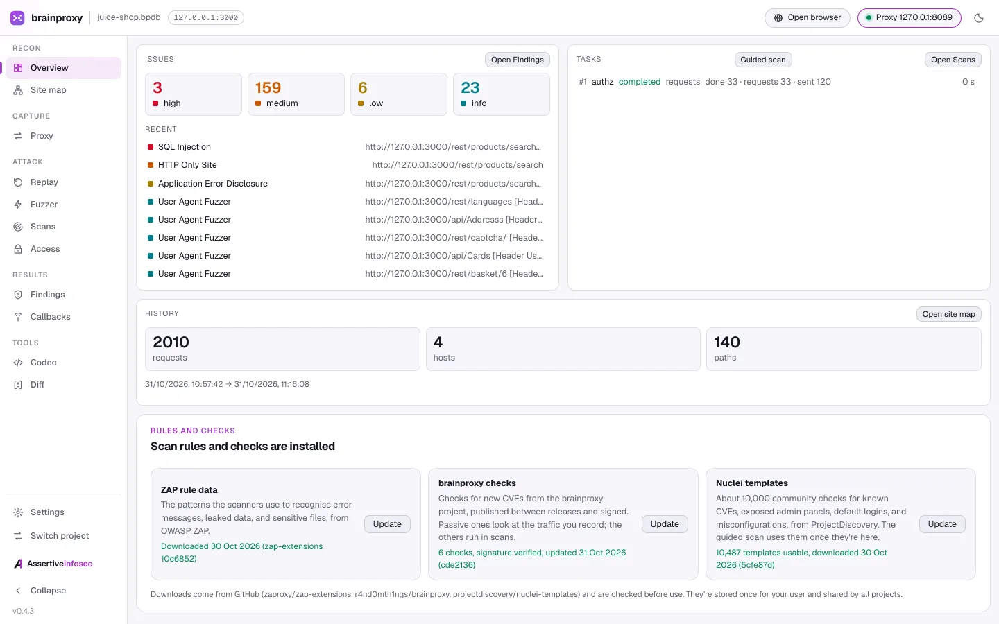 brainproxy desktop app: the Overview after a scan, with issues, history and installed checks